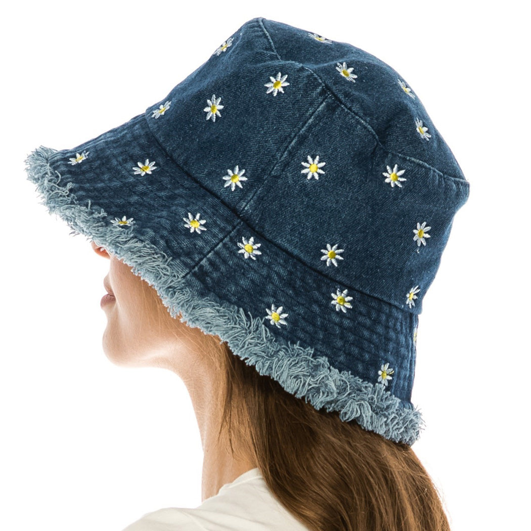 Daisy Flower Embroidered Denim Bucket Hat