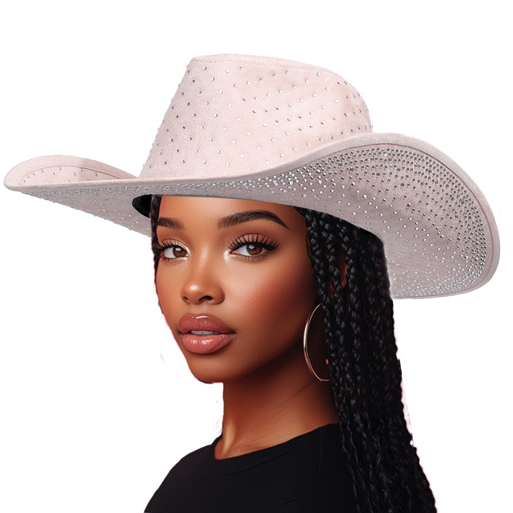 Suede Embellished Cowboy Hat With Crystals