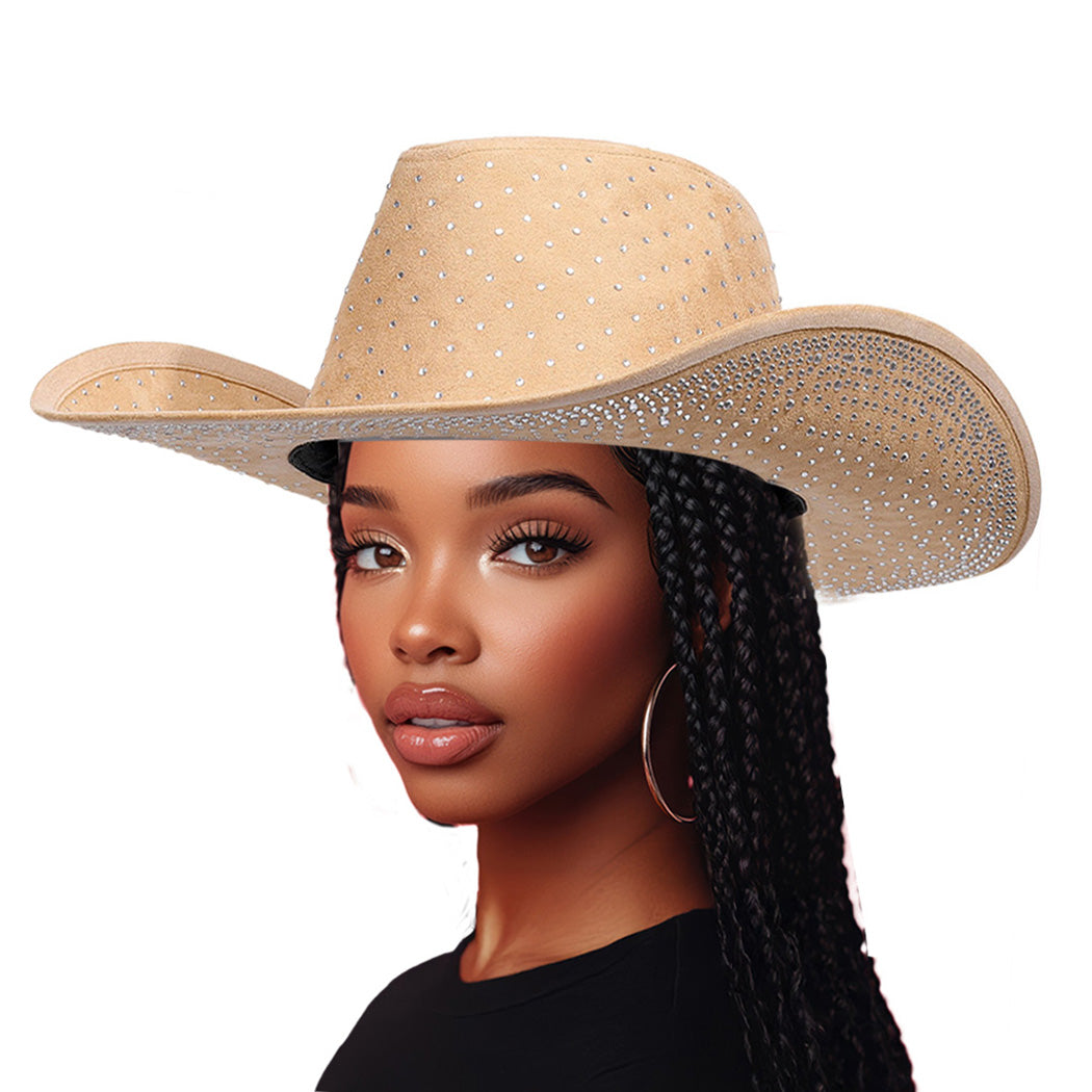 Suede Embellished Cowboy Hat With Crystals