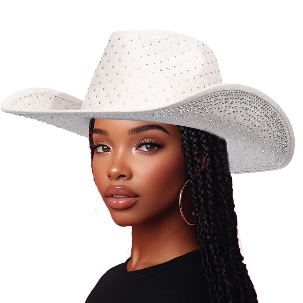 Suede Embellished Cowboy Hat With Crystals