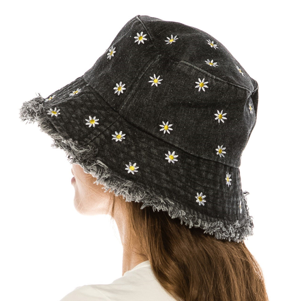 Daisy Flower Embroidered Denim Bucket Hat