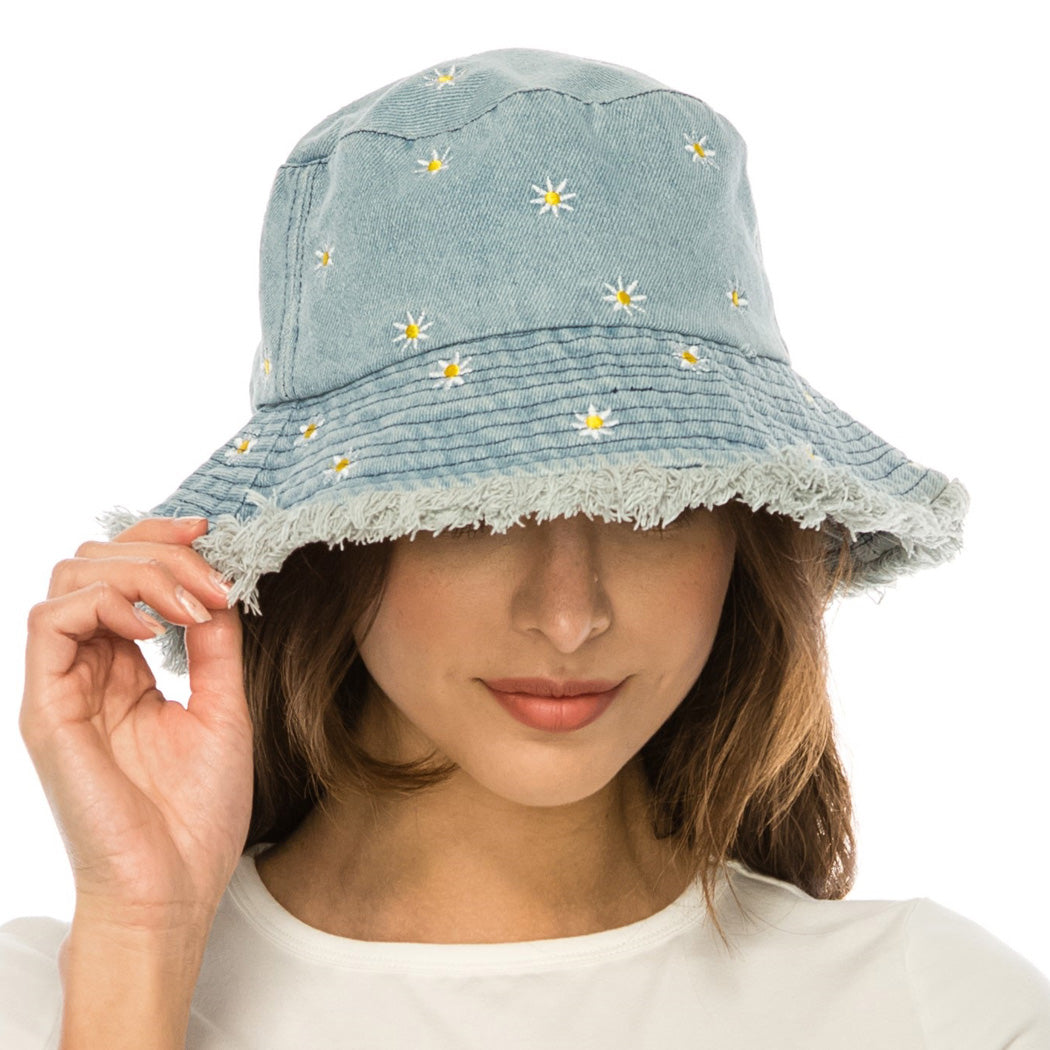 Daisy Flower Embroidered Denim Bucket Hat