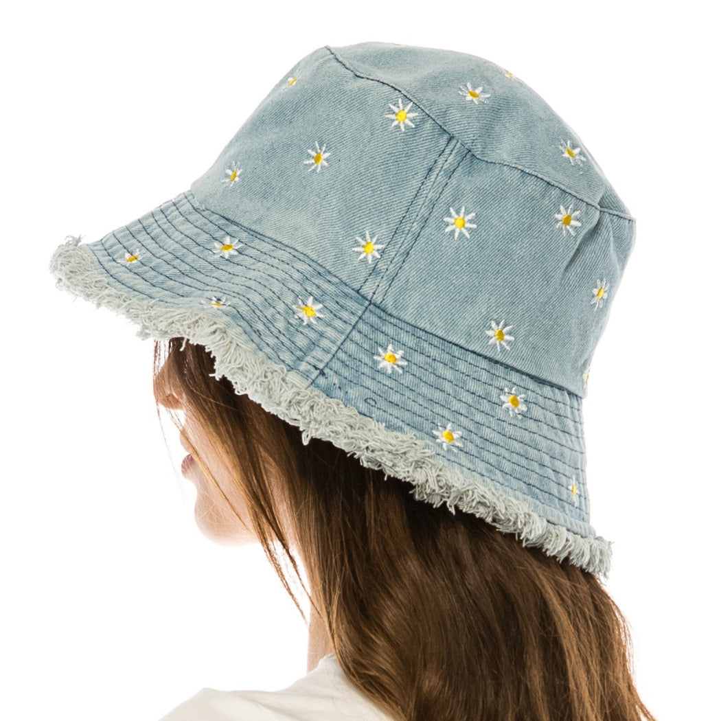 Daisy Flower Embroidered Denim Bucket Hat