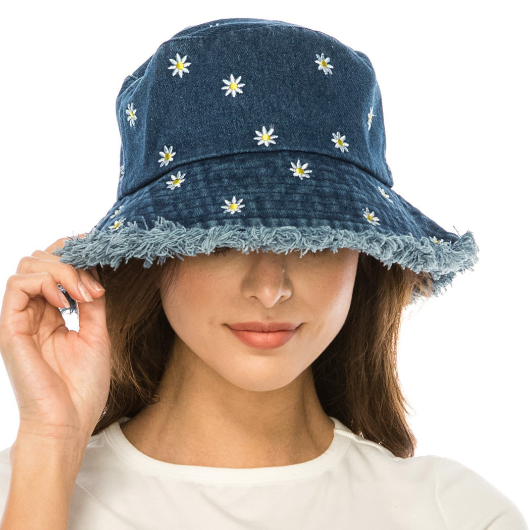 Daisy Flower Embroidered Denim Bucket Hat