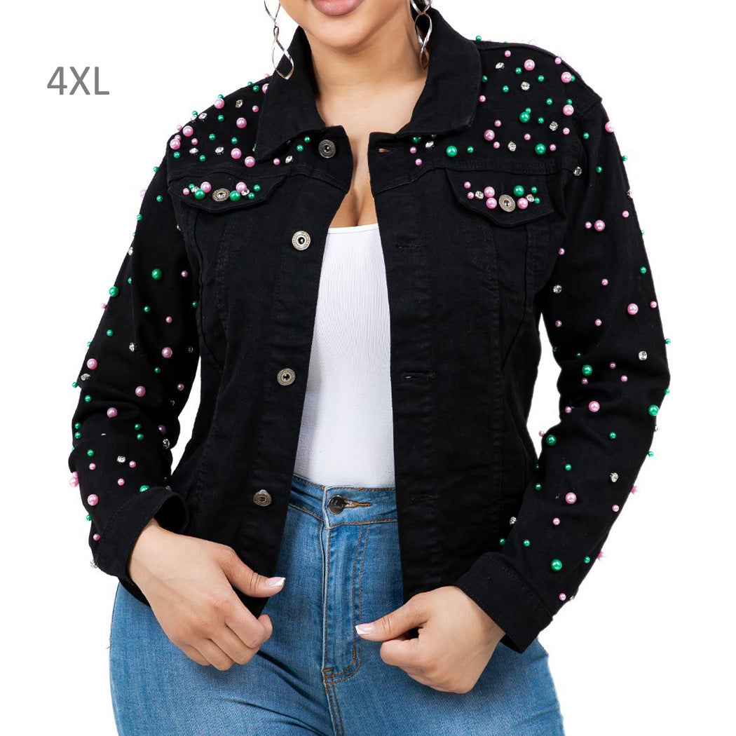 Denim Jacket Studded Pearl with Bling Crystal Embellished