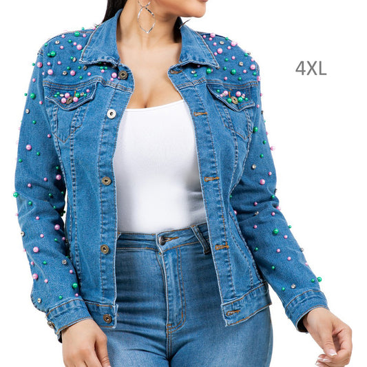 Denim Jacket Studded Pearl with Bling Crystal Embellished