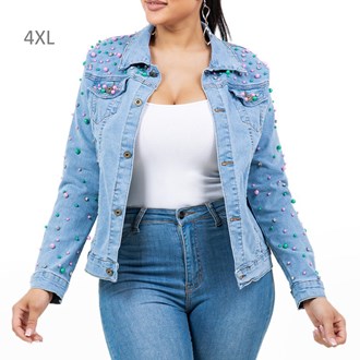 Denim Jacket Studded Pearl with Bling Crystal Embellished