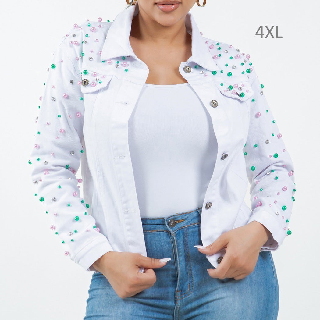 Denim Jacket Studded Pearl with Bling Crystal Embellished
