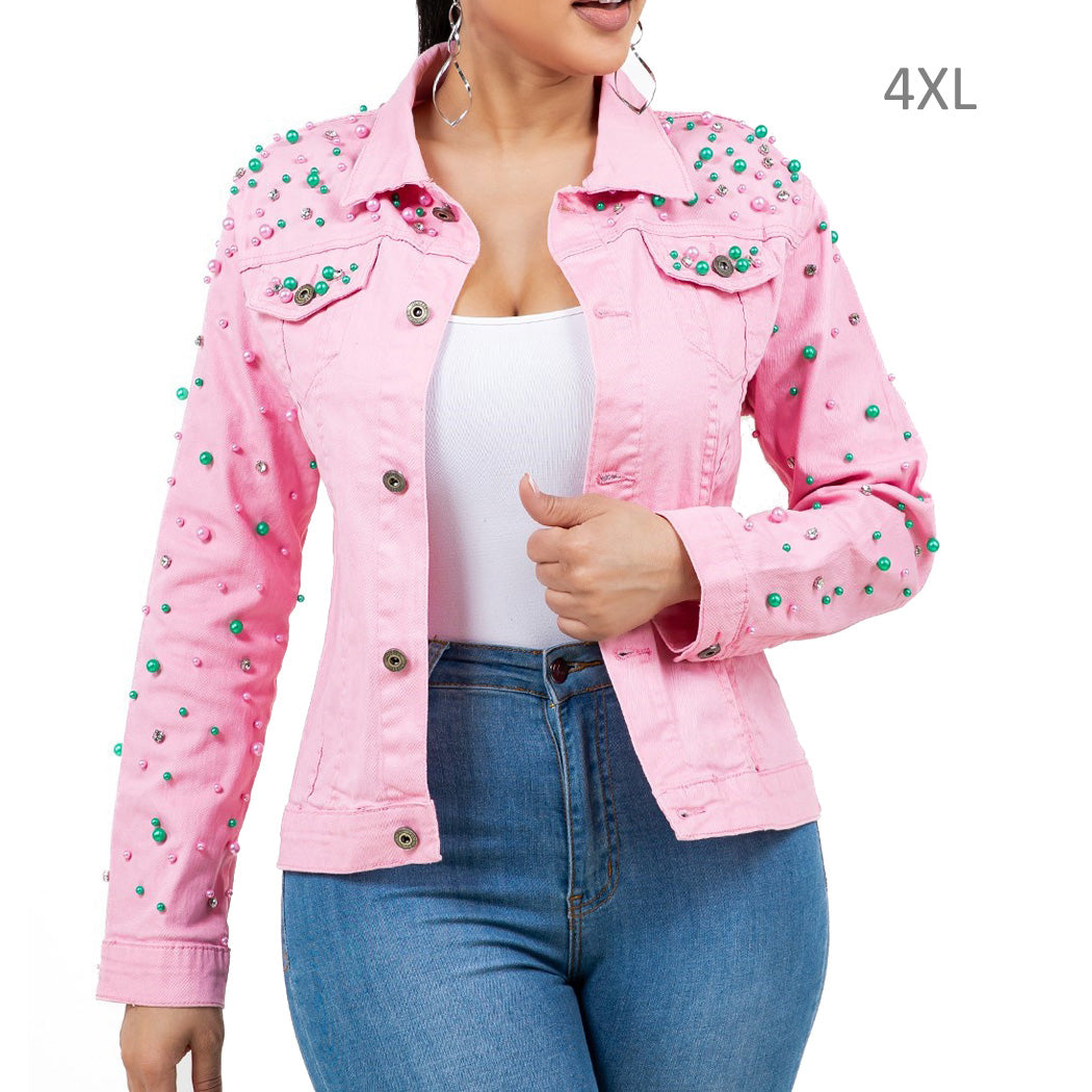 Denim Jacket Studded Pearl with Bling Crystal Embellished