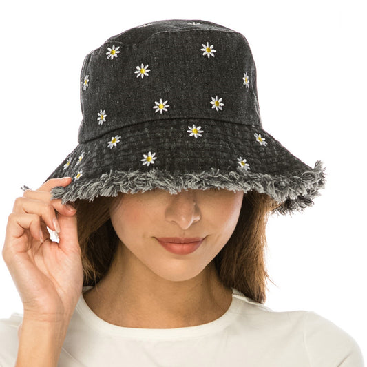 Daisy Flower Embroidered Denim Bucket Hat